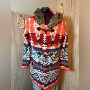 Valleygirl Red Peach Turquoise White and Brown Knit Coat with Faux Fur Hood